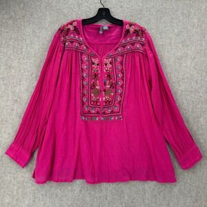 Anu Embroidered Tunic Top Pink Long Sleeve V Neck Rayon Women's XL Oversized